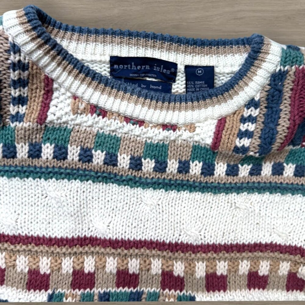 Vintage Northern Isles Hand Knit Sweater Geometric Stripe Ramie Cotton M - Picture 3 of 6
